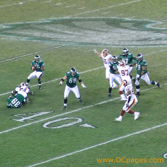 Eagles quarterback looks for an open receiver.