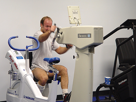Since Nylander is recovering from a broken leg, this drill helps keep with his upper body conditioning and strength.