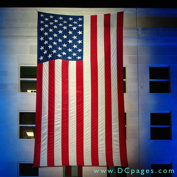 A U.S. garrison flag is draped over the side of the Pentagon during the 2006 Washington, D.C. Freedom Walk, Sept. 10, 2006. 