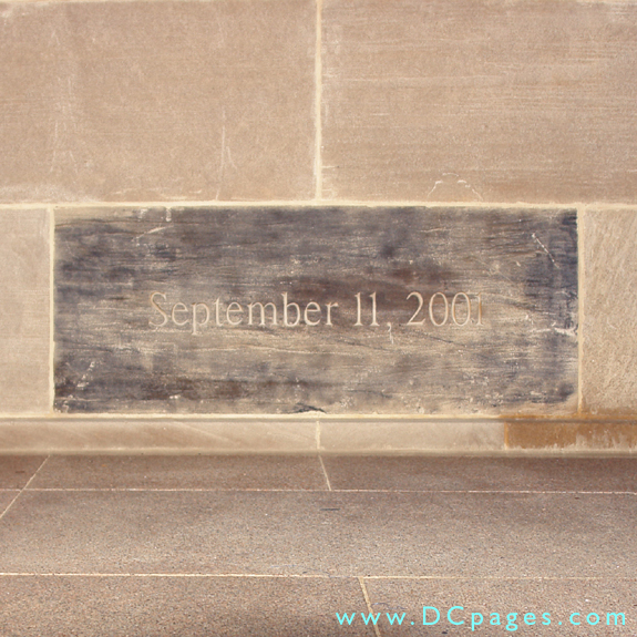 This charred black stone has been placed at the point of impact of the Pentagon attack. The discoloration is caused by the burning Jet fuel of Flight 77.