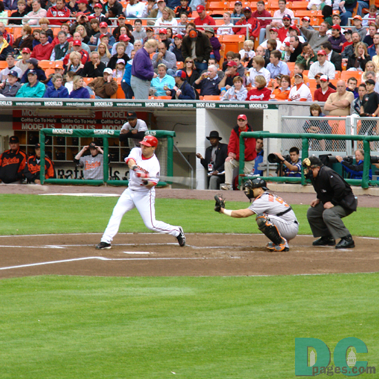 Washington Nationals 2B Jose Vidro takes a swing at a fastball. For the game Vidro was 2-4.