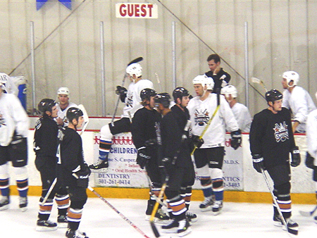 Players change lines during a quick stoppage of play.