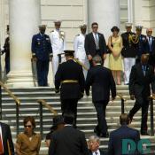 President George W. Bush climbs up the stairs of the memorial amphitheater at Arlington National Cemetery to give his speech to the Nation.