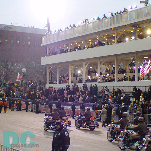 Marching performers pass Presidential Review Stand