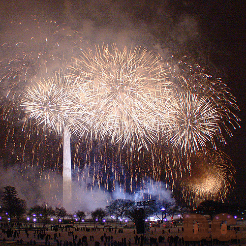 Fireworks explode around the Washington Monument on the eve of President Bush's inauguration