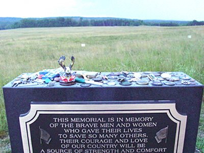 A plaque honoring the victims of Flight 93.  The crash site is near the tree line.