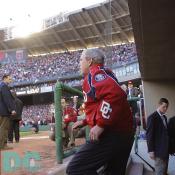 Washington Nationals' Inaugural Home Opener - President George W. Bush acknowledges the applause as he exits the dugout Thursday, April 14, 2005, to throw out the first pitch at the Washington Nationals' home opener.  The President's appearance proved good luck as the Nationals defeated the Arizona Diamondbacks, 5-3.  White House photo by Paul Morse

