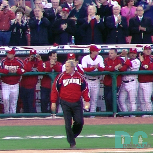Washington Nationals' Inaugural Home Opener - Andrew Card, Joseph Lieberman, Christopher Dodd, and the Washington Nationals team cheer on the President.