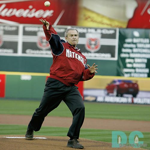 Washington Nationals' Inaugural Home Opener - President George W. Bush throws out the ceremonial first pitch for the Washington Nationals Thursday, April 14, 2005, at RFK Stadium in Washington, D.C. White House photo by Paul Morse