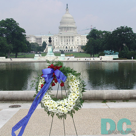 A memorial wreathe sits at the Capitol Building, in honor of President Reagan's passing.