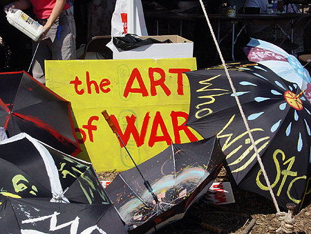 Peace parasols painted in Public Assemblys arts and crafts activity, September 11, 2003