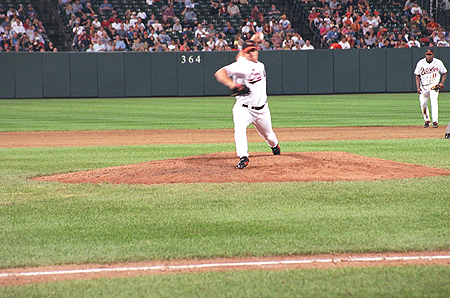 The Orioles pitcher throws a heater.