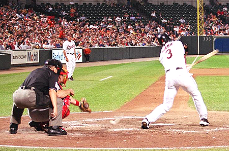 #3 Larry Bigbie connects with the ball to get the Birds on base.
