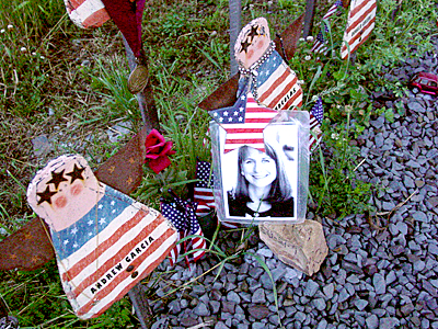 These patriotic angel dolls have been placed at the memorial with names of the victims of Flight 93.