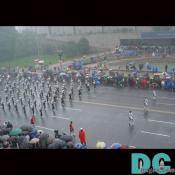 This marching band plays even in the pouring rain.