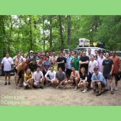 A Corporate group after a great day battling the raging rapids of the Potomac River.