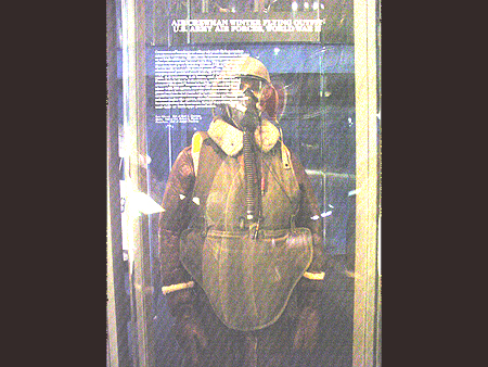 A WW II bomber suit with oxygen mask for high altitude bombing.
