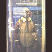A WW II bomber suit with oxygen mask for high altitude bombing.