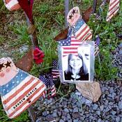These patriotic angel dolls have been placed at the memorial with names of the victims of Flight 93.