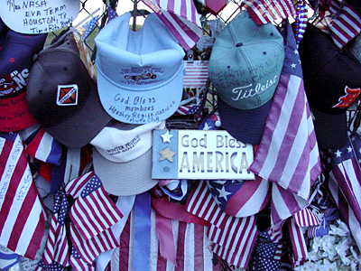 Baseball hats with patriotic messages.