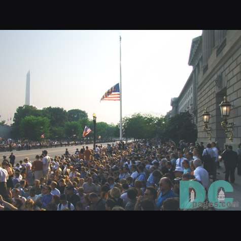 Hundreds lined up waiting patiently during the afternoon to see the processional. A large flag was flown at half-mast for 30 days from the day of honouring the death President Reagan.