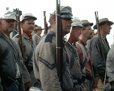 The First Battle of Bull Run:  Troops near Henry Hill.  Soldiers form up and march into battle.  