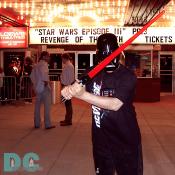 Darth Vader's light saber hums and scintillates with a distinct sound in front of the Uptown Theater marquee.