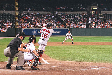 Red Sox first base man Kevin Millar connects with the ball to try and get the Sox on the scoreboard.