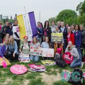 Pro Choice Demonstration Sign - WELLESLEY WOMEN FOR CHOICE - GEORGE W. BUSH IS A MISOGYNIST AND I HATE HIM - AGAINST ABORTION [Question Mark is drawn in middle of sign] DONT HAVE ONE - [Coat hanger is drawn] WE DESERVE BETTER - NARAL PRO-CHOICE AMERICA, IT'S YOUR CHOICE ...NOT THEIRS - Washington Monument is in the background.