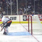 It was a rough night for the Islanders goalies.  Here, Rick Dipietro enters the game replacing Garth Snow.