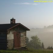Tool shed in the morning mist.