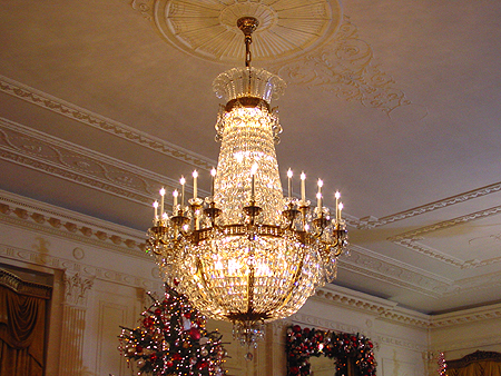 Beautiful chandeliers hang throughout the White House.