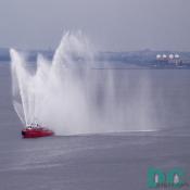 Fireboat shoots ceremonial jets of water after dedication.