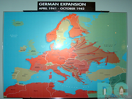A map displays all the areas of expansion of Germany. During the first three years of World War II, from September 1939 through November 1942, a series of military victories permitted Nazi domination of the European continent. 