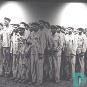 Prisoners lining up in a concentration camp.